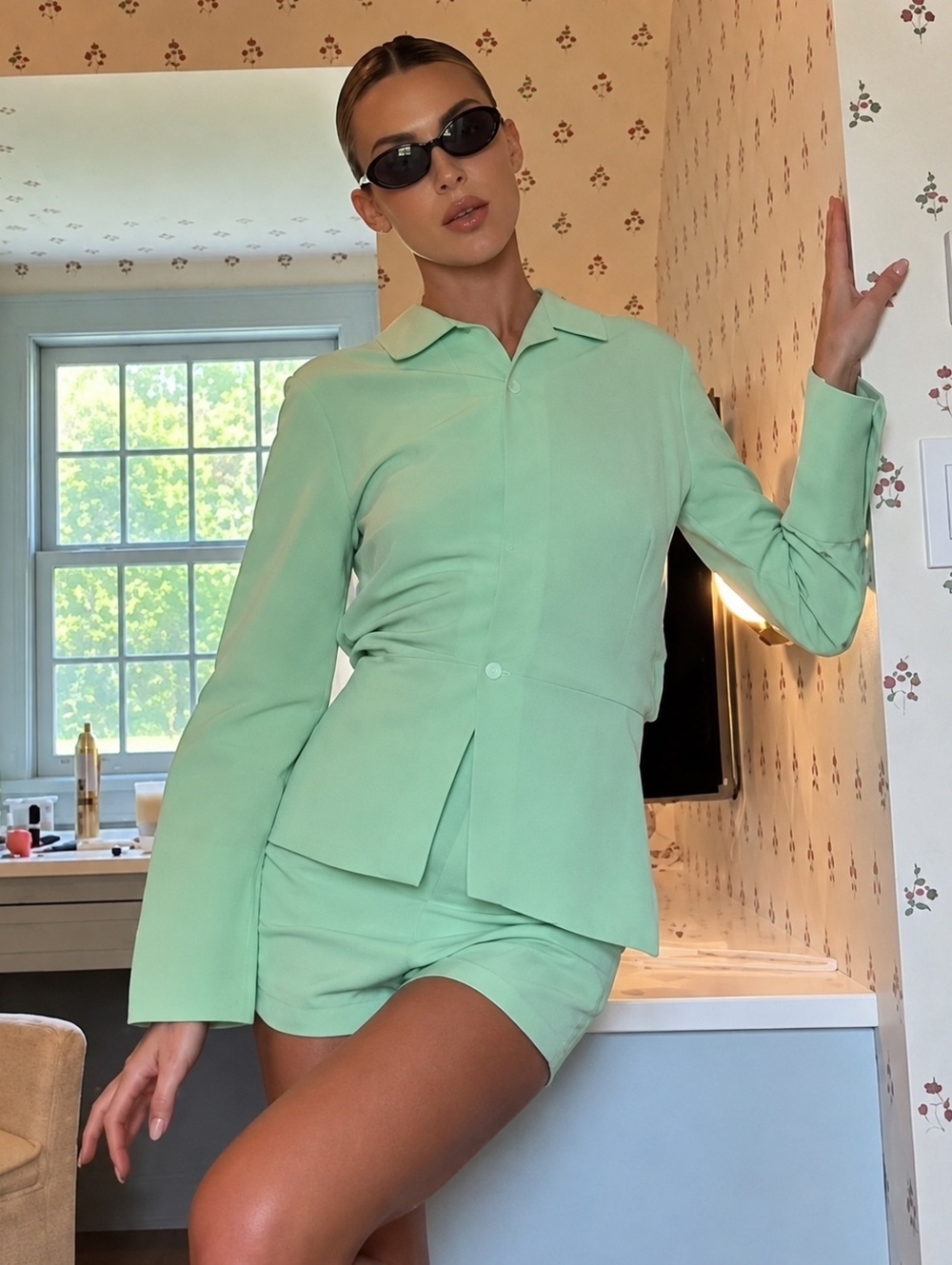 Matthew Bruch Mint Green Linen Blouse & Shorts Matching Set S/M